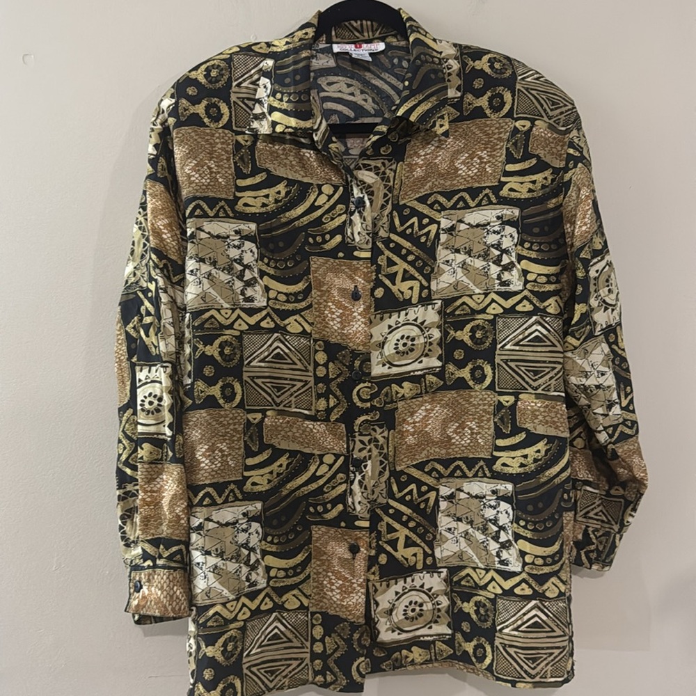 Vintage 100% Silk Stunt Collections Patterned Black and Brown Women's SzM Top